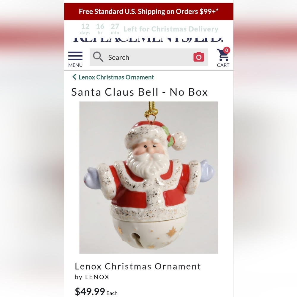 Lenox Mini Sleigh Bell Santa Claus Ornament~,Porcelain~Handpainted~Retired